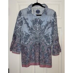 Robert Graham Blue Paisley‎ Print Button Up Shirt Bell Sleeve Tunic Women's M